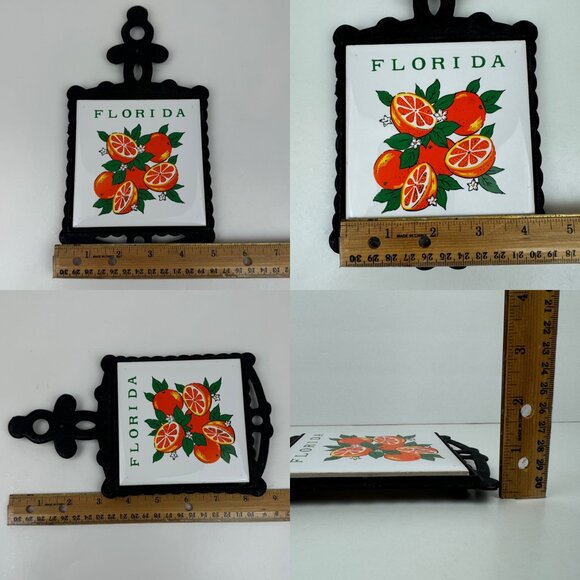 Vtg Florida Oranges White Ceramic Tile Cast Iron Trivet Tabletop Hanging Handle - Picture 4 of 12